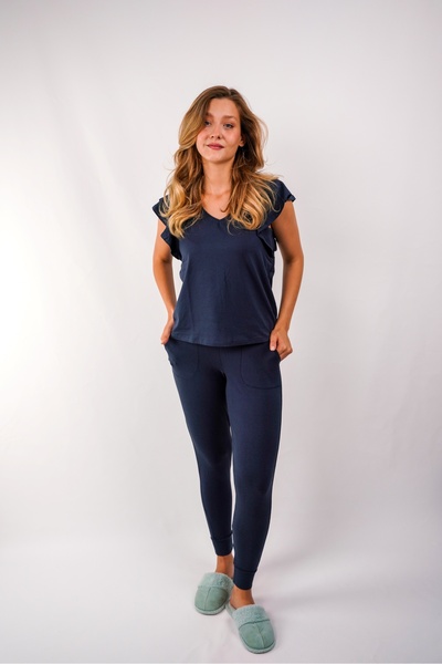 Butik Volanlı Pamuklu Ve Likralı Kadın Rahat Lacivert Kısa Kollu Cepli Pijama...