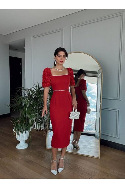 LİBAS Midi Length Red Dress - Ruffle Sleeve