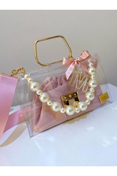 AREV BAGS Pink Transparent Bag with Pearl Strap