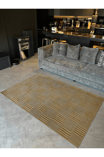 Rugs Modern Halı Bej Saman Rengi Çizgili Patchwork Desenli Kreatif Modern Dek...