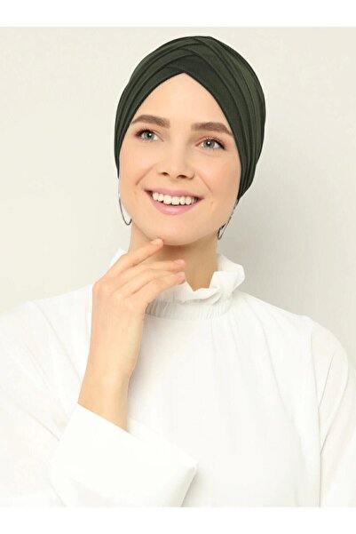 Mervin Şal Women's Cross Three-Stripe Outer Bonnet Ready Turban Khaki