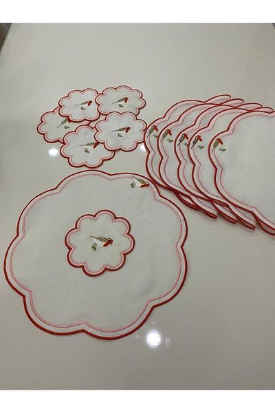 İNCİ ÇEYİZ 12 Pieces First Quality Linen Love Birds Embroidered American Serving Charger and Presentation Napkin