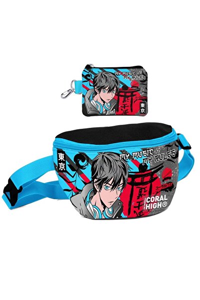 Coral High Anime Patterned BlaCk Blue Waist Bag and Coin Purse Set for Boy