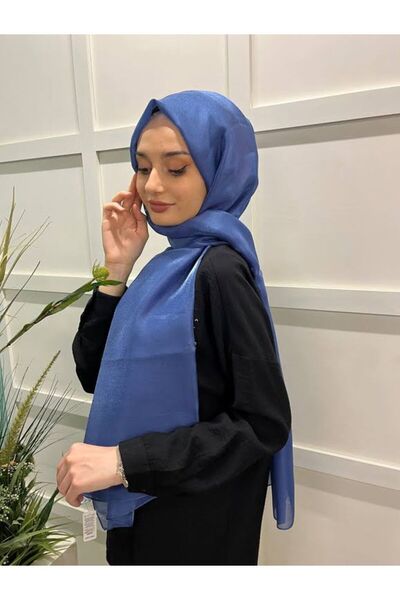 Siyane Scarf Tül Görünümlü Şal - Pırlanta Abiye Düğünlük Şal 00790 Indigo