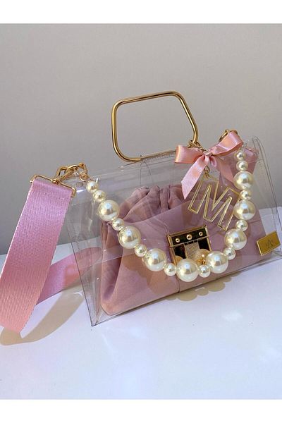 AREV BAGS Pink Transparent Bag with Pearl Strap