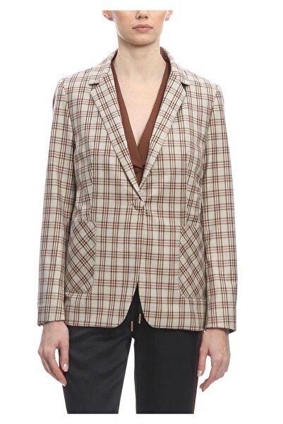 Kadın Krem Ekose Cep Ve Düğme Detaylı Astarlı Blazer Ceket