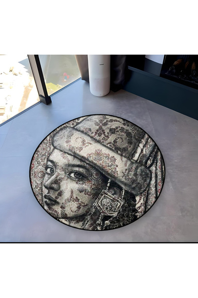 Rugs Modern Halı Round Black Beige Ethnic Patterned Women's Face Woven Base C...