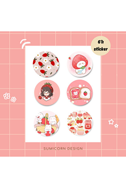 Sumicorn Design Sevimli Çilek Temalı Kawaii Sticker Etiket Seti ( 6'lı )