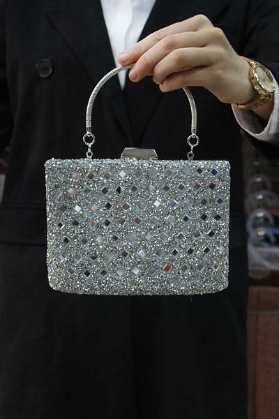 ROZA CANTA Γυναικείο βραδινό φόρεμα από ασημί πέτρα Clutch Τσάντα Portfolio