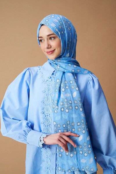 Modakaşmir Şal de bambus cu model de flori cu picătură albastră