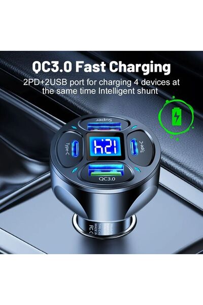 ZUIDID LED Dijital Ekranlı 2 USB + 2 Type C Portlu Hızlı Araç Şarjı