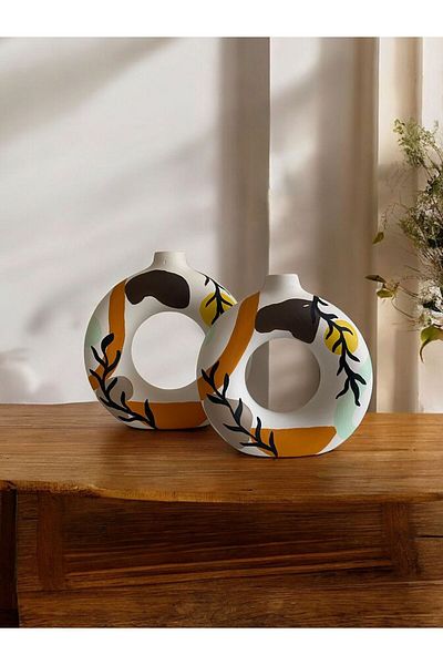 Porselian Handmade Orange Color Patterned Decorative Modern 2-Piece Ring Bohemian Vase