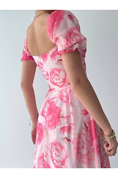 Julishop Julidress Pembe Çiçek Desenli Göğüs Groplu Astarlı Midi Premium Yazlık Şifon Elbise