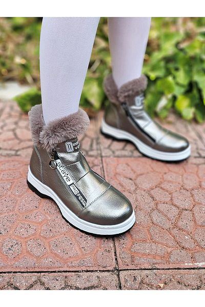 EPTC - Children's Furry Dark Gray Platinum Boots with Double Side Zippers Non-Slip White Thick Sole Wide Fit
