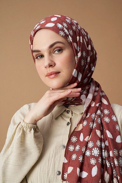 Modakaşmir Brick Color Drop Flower Patterned Bamboo Shawl