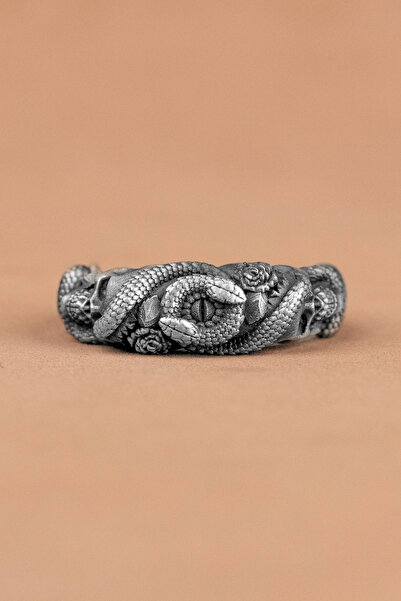 Savis Silver Yılan Kafatası Ve Gül İşlemeli 925 Ayar Gümüş Yüzük