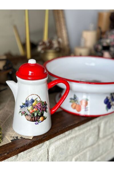 Handmadesign Kapaklı El Yapımı Seramik Sürahi - Yaz Meyve Sepeti Desenli Kırmızı 1 litre