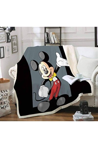 Elmas Dizayn Çocuk Battaniye Antibakteriyel Hipoalerjenik  Leke Tutmaz 3d dijital baskı siyah gri mickey mouse