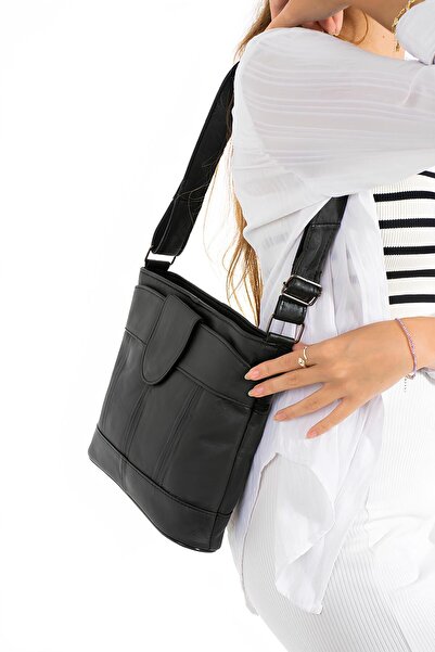 Erzeno Geantă de umăr pentru femei din piele naturală - cu mai multe compartimente și curea încrucișată