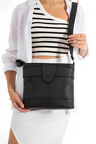 Erzeno Geantă de umăr pentru femei din piele naturală - cu mai multe compartimente și curea încrucișată