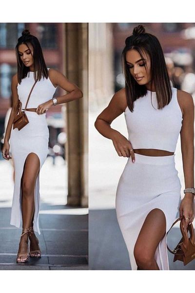 LAST POINT LİFE White Halter Neck Crop Top and Slit Skirt - Women's 2-Piece Set