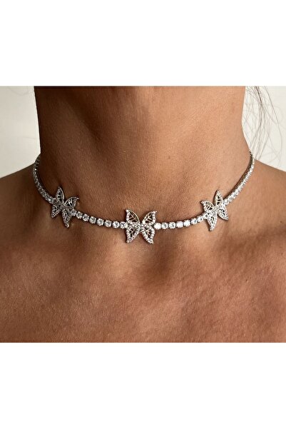 tones official Gümüş Kaplamalı Kelebekli Choker Koly