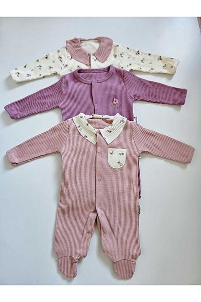 Necix's Floral Baby Girl Long Sleeve Ribbed 3-Piece Jumpsuit Purple-cream-pink