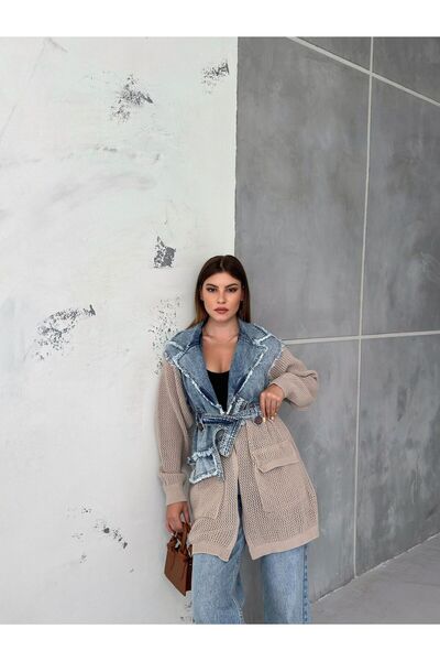 SOLİS MODA Πλεκτό τζιν μπουφάν με γαρνιτούρα