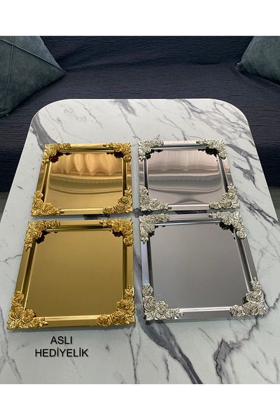 Aslı Hediyelik Luxury 21x21 model Floral Presentation Tray - 4 Corners, 2 Gold and 2 Silver Plated, Tea, Coffee, Treat Serving