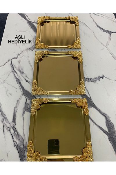 Aslı Hediyelik Gold Flower Patterned 3-piece Luxury Presentation Tray - 4 Corners, Square Coating, Tea, Coffee, Treat Serving, 21x21