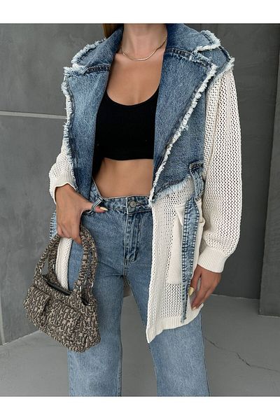 SOLİS MODA Πλεκτό τζιν μπουφάν με γαρνιτούρα