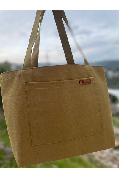 LİFENES Khaki Green Thick Water Repellent Duck Fabric Tote Shoulder Bag with Front Pocket |