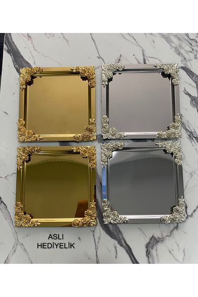 Aslı Hediyelik Luxury 21x21 model Floral Presentation Tray - 4 Corners, 2 Gold and 2 Silver Plated, Tea, Coffee, Treat Serving