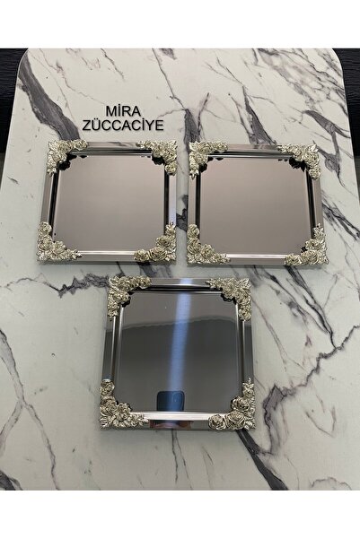 Mira züccaciye 3'Lü Lüx  4 köşesi Gümüş Çiçekli Gümüş Kare Kaplama Model çay,kahve,ikram servis Sunum Tepsisi 21x21