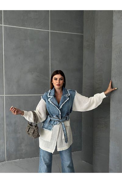 SOLİS MODA Πλεκτό τζιν μπουφάν με γαρνιτούρα