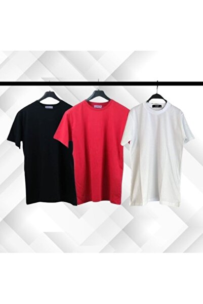 Siyah Kırmızı Beyaz Bisiklet  Yaka %100 Pamuk Likralı Kısa Kollu T-shirt