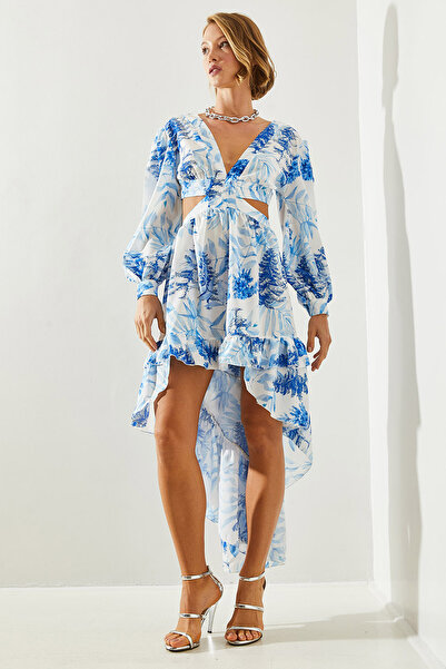 Bianco Lucci Γυναικείο φόρεμα με V λαιμόκοψη - Κοντό μπροστά, μακριά πίσω και λεπτομέρεια χαμηλού κοπής 22273 60251710