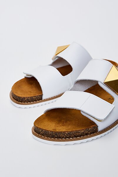 Valmenti Γυναικείες λευκές δερμάτινες παντόφλες Launa