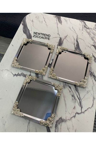 NEWTREND Züccaciye luxury 3-piece Silver Floral Square CoatinG Model - Tea, Coffee, Treat ServinG 21x21