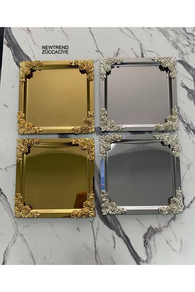 NEWTREND Züccaciye Luxury 21x21 model Floral Presentation Tray - 4 Corners, 2 Gold and 2 Silver Plated, Tea, Coffee, Treat Serving