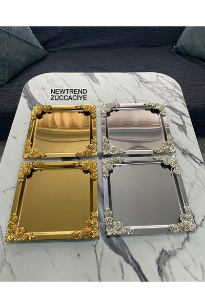 NEWTREND Züccaciye Luxury 21x21 model Floral Presentation Tray - 4 Corners, 2 Gold and 2 Silver Plated, Tea, Coffee, Treat Serving