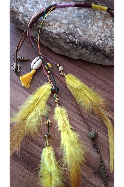 azra takı tasarım Rastal - Yellow, Brown, Evil Eye Colored Feather and Greyhound Beaded Women's Hair Rope and Accessory