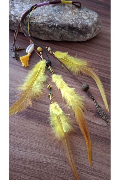 azra takı tasarım Rastal - Yellow, Brown, Evil Eye Colored Feather and Greyhound Beaded Women's Hair Rope and Accessory