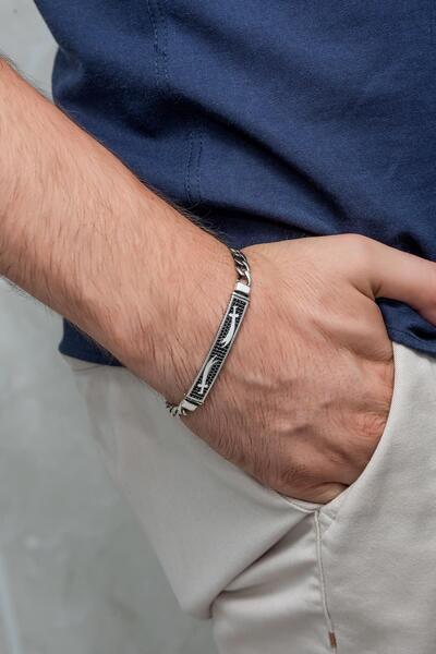 YÜZÜK SANATI Zülfikar Kılıcı İşleme Gurmet Zincir 925 Gümüş Erkek Bileklik