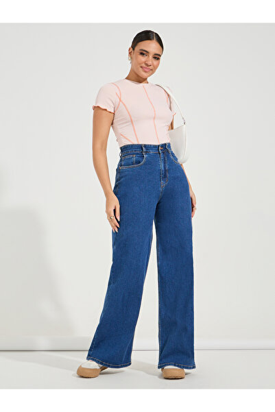 Styli Basic High Rise Full Length Wide Leg Jeans
