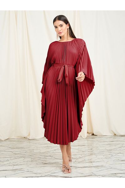 Styli Accordion Pleats Handkerchief Hem Midi Dress with Tie Belt