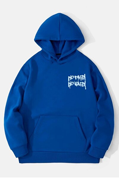 Black Sokak Royal Blue No Pain No Gain Printed Oversize Hooded Unisex Sweatshirt