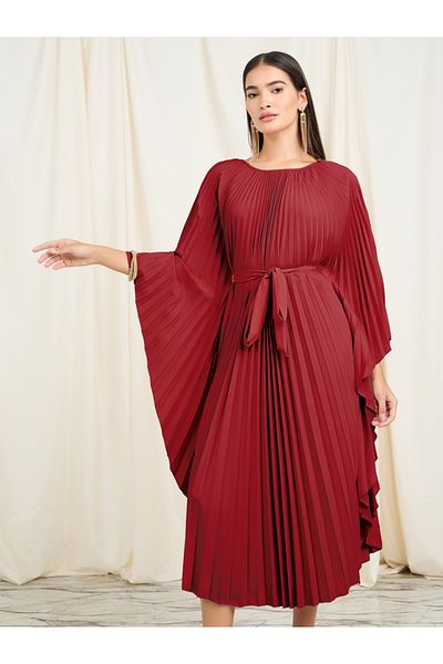 Styli Accordion Pleats Handkerchief Hem Midi Dress with Tie Belt