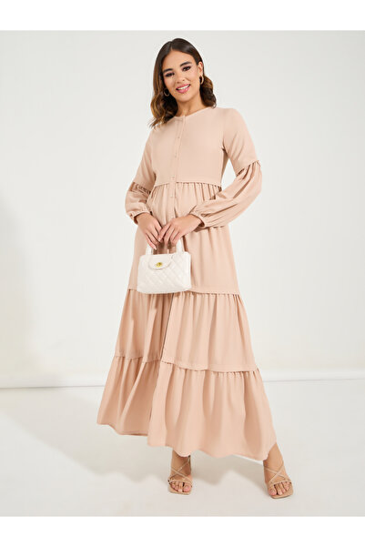 Styli Solid Full Button Front Tiered Maxi Dress