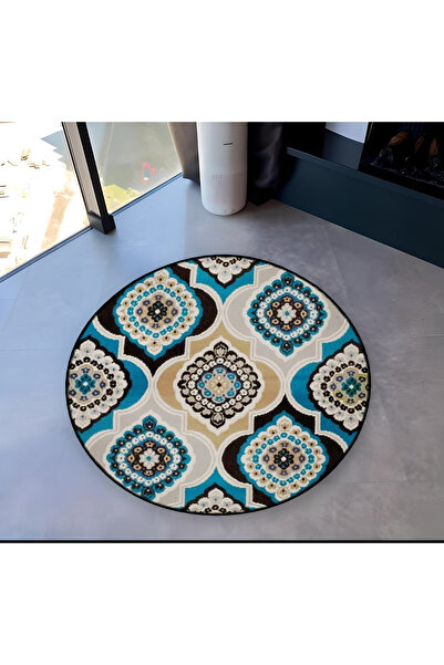 Rugs Modern Halı سجادة ميرا مستديرة باللون البيج والأزرق بتفاصيل عرقية وقاعدة...